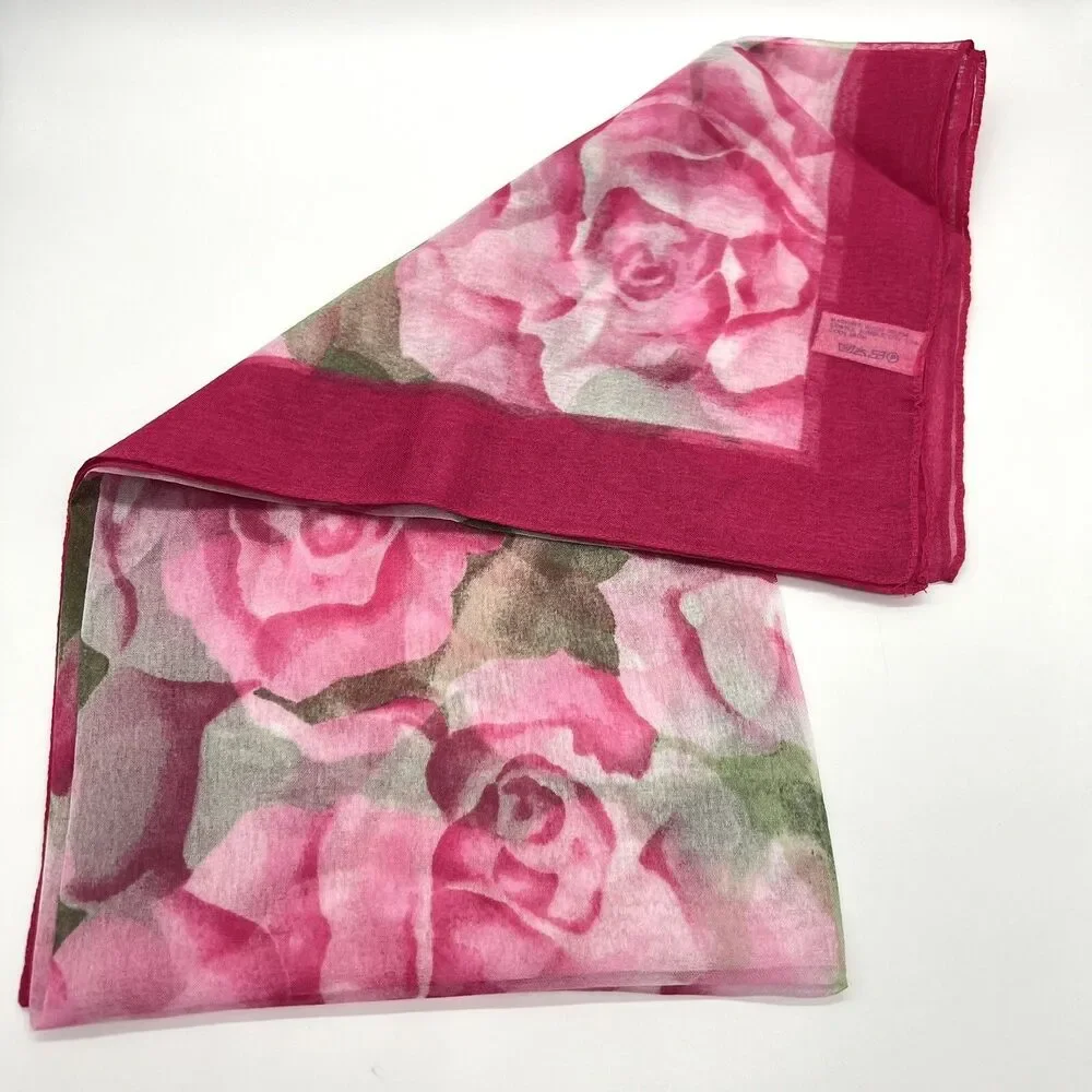 VTG Scarf & Stylish Clip 3 Piece Chiffon Rose & Royal Paisley Floral 30x29 Italy